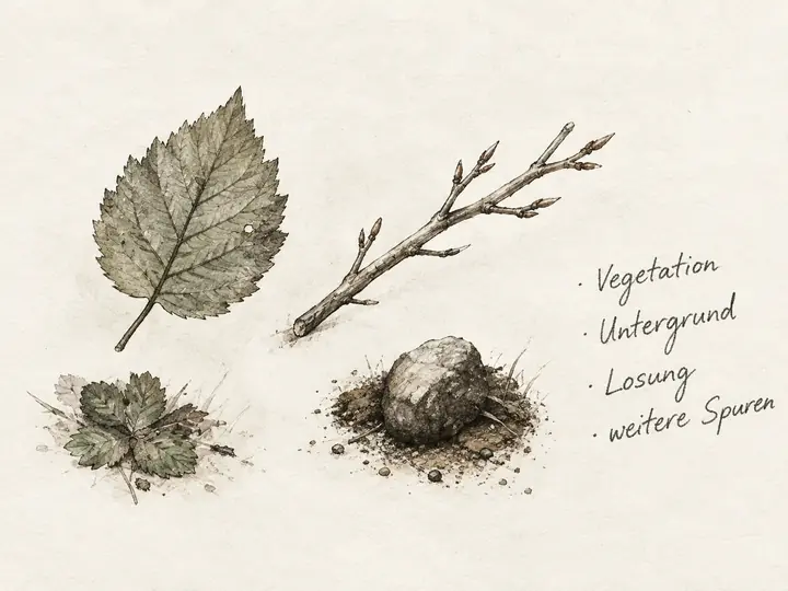 Ein Farnblatt, ein Zweig und drei Steine als Zeichen für Vegetation, weitere Spuren und Untergrund.