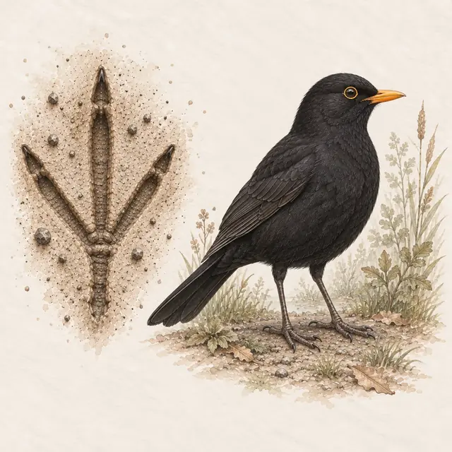 Illustration vom Amsel neben dem Abdruck seiner Spur