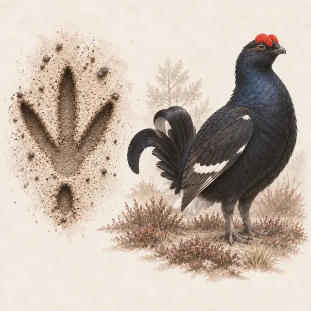 Illustration vom Birkhuhn neben dem Abdruck seiner Spur