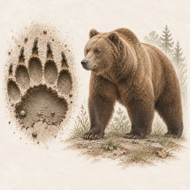 Illustration vom Braunbär neben dem Abdruck seiner Spur