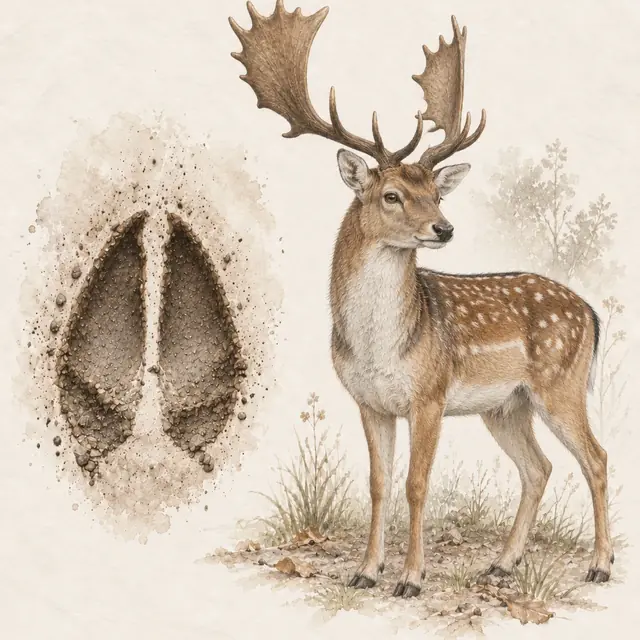 Illustration vom Damhirsch neben dem Abdruck seiner Spur