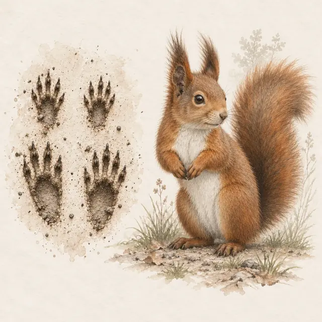 Illustration vom Eichhörnchen neben dem Abdruck seiner Spur