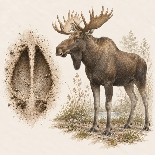 Illustration vom Elch neben dem Abdruck seiner Spur