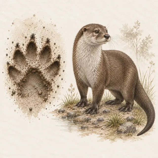 Illustration vom Fischotter neben dem Abdruck seiner Spur