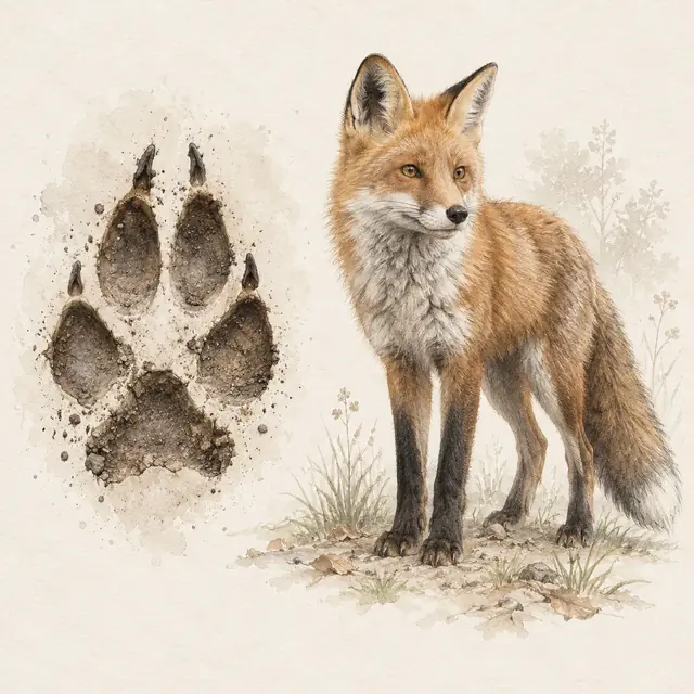 Illustration vom Fuchs neben dem Abdruck seiner Spur