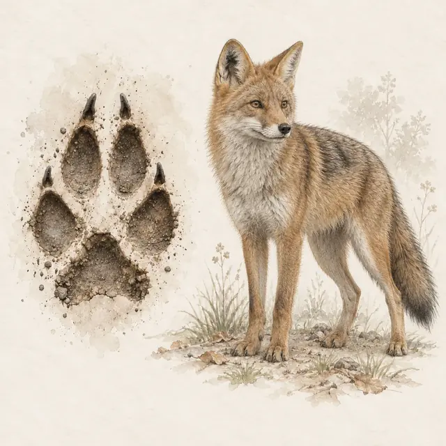 Illustration vom Goldschakal neben dem Abdruck seiner Spur