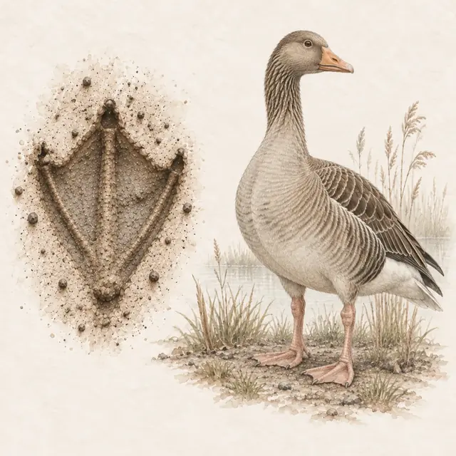 Illustration vom Graugans neben dem Abdruck seiner Spur