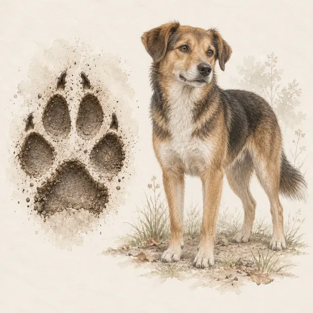 Illustration vom Haushund neben dem Abdruck seiner Spur