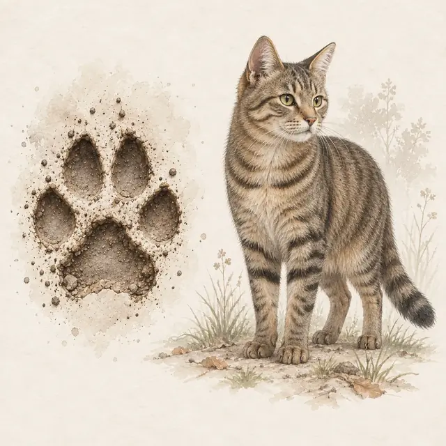 Illustration vom Hauskatze neben dem Abdruck seiner Spur