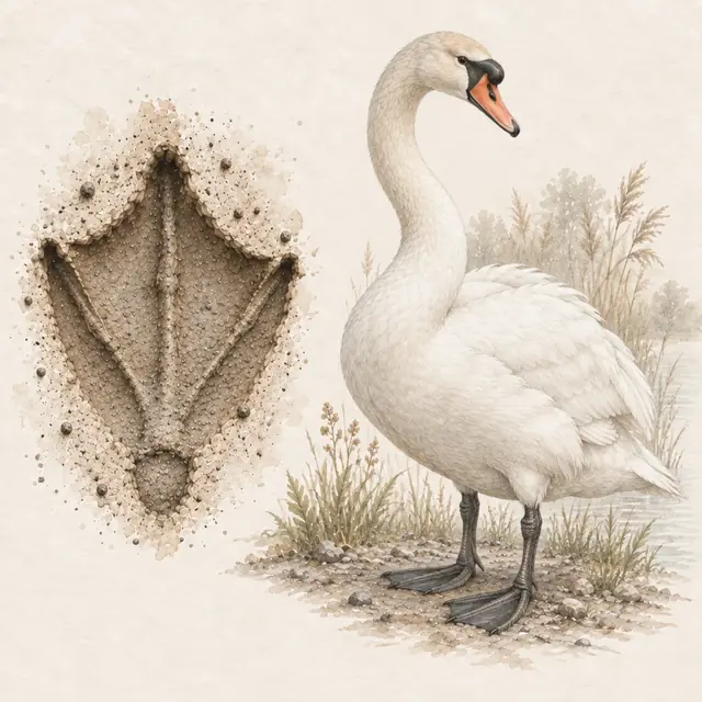 Illustration vom Höckerschwan neben dem Abdruck seiner Spur