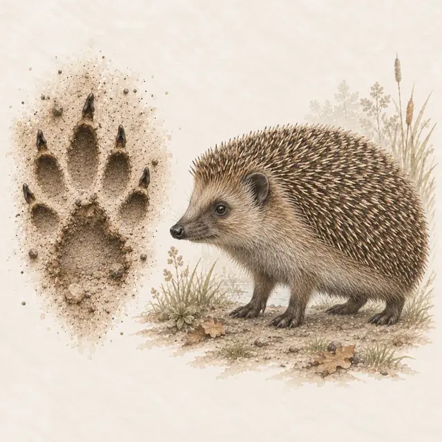 Illustration vom Igel neben dem Abdruck seiner Spur
