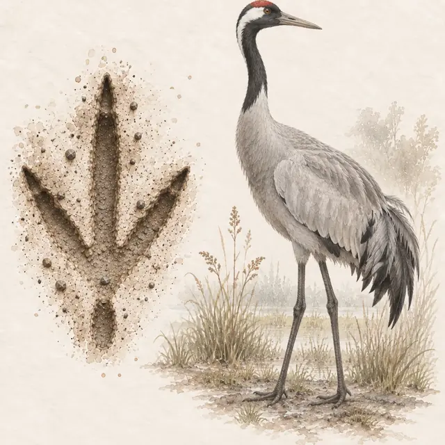 Illustration vom Kranich neben dem Abdruck seiner Spur