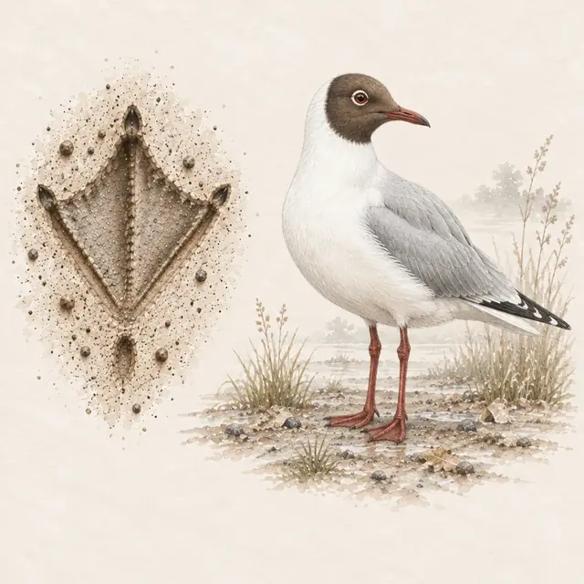 Illustration vom Lachmöwe neben dem Abdruck seiner Spur
