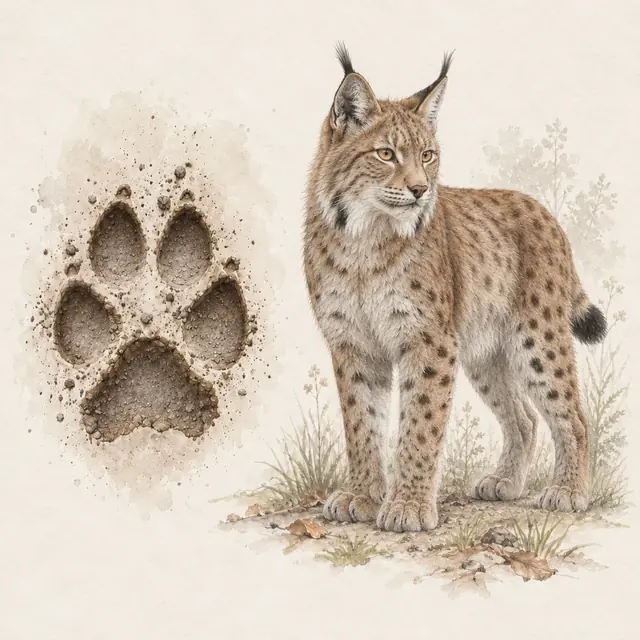 Illustration vom Luchs neben dem Abdruck seiner Spur