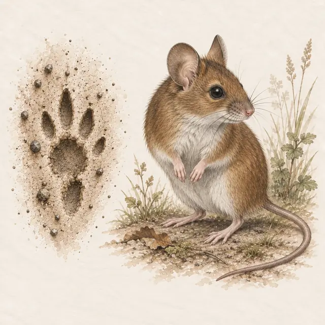 Illustration vom Mäuse und Wühlmäuse neben dem Abdruck seiner Spur