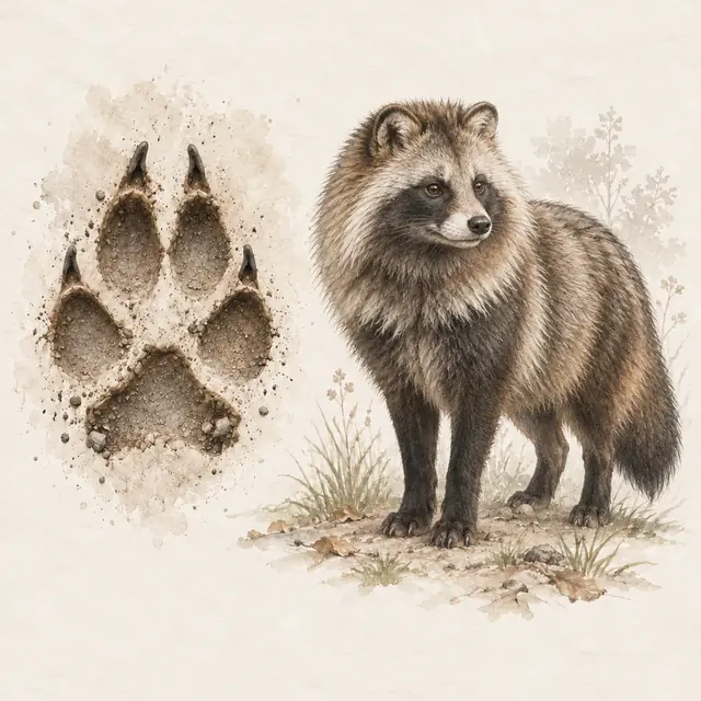 Illustration vom Marderhund neben dem Abdruck seiner Spur