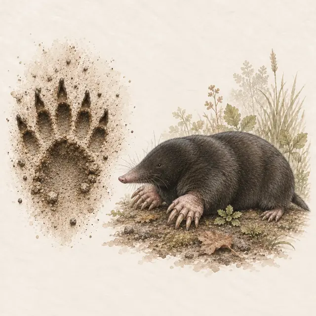 Illustration vom Maulwurf neben dem Abdruck seiner Spur