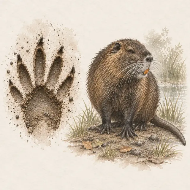Illustration vom Nutria neben dem Abdruck seiner Spur