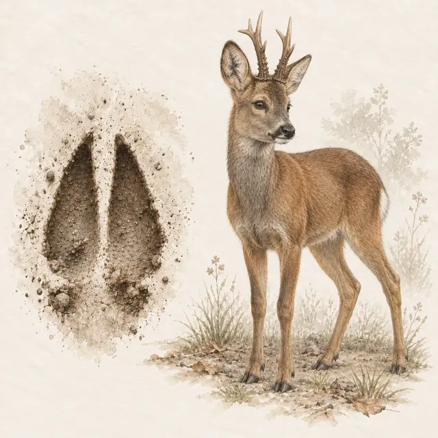 Illustration vom Reh neben dem Abdruck seiner Spur
