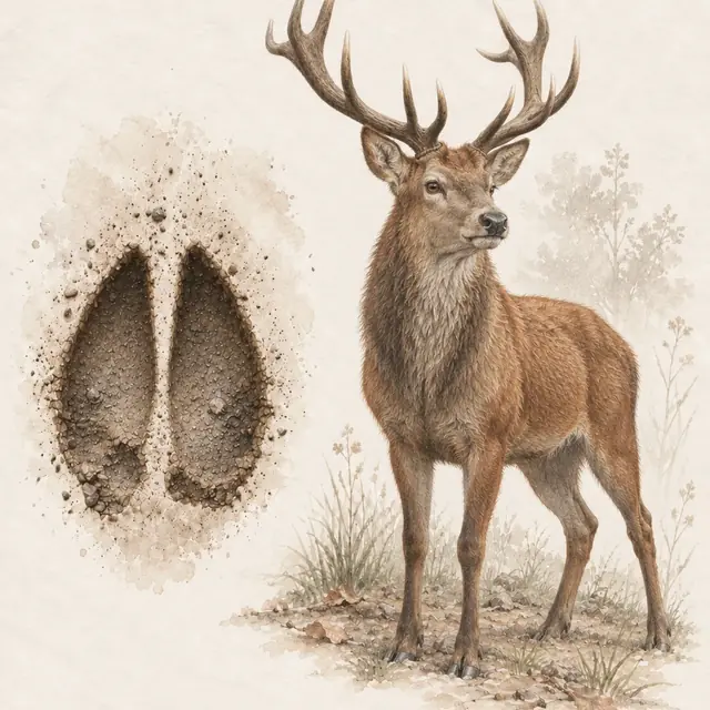 Illustration vom Rothirsch neben dem Abdruck seiner Spur