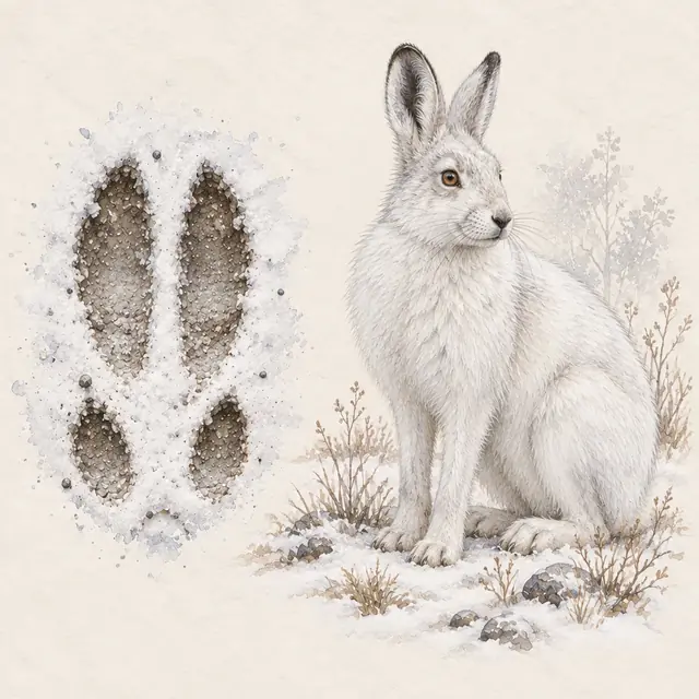 Illustration vom Schneehase neben dem Abdruck seiner Spur