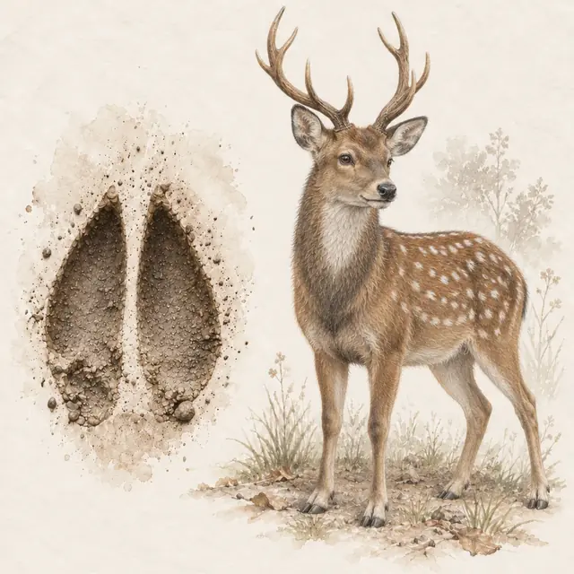 Illustration vom Sikahirsch neben dem Abdruck seiner Spur