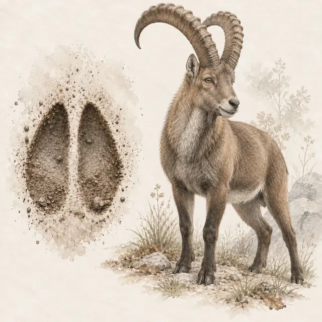Illustration vom Alpensteinbock neben dem Abdruck seiner Spur