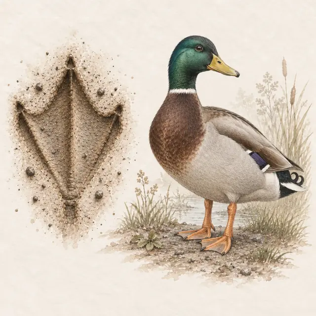 Illustration vom Stockente neben dem Abdruck seiner Spur
