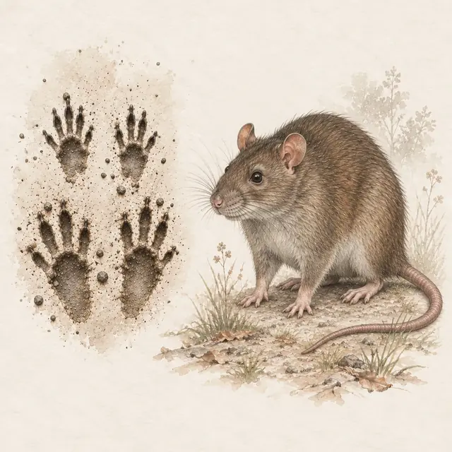 Illustration vom Wanderratte neben dem Abdruck seiner Spur