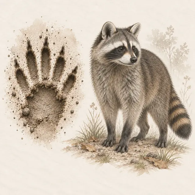 Illustration vom Waschbär neben dem Abdruck seiner Spur
