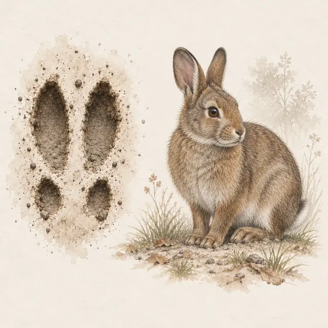 Illustration vom Wildkaninchen neben dem Abdruck seiner Spur