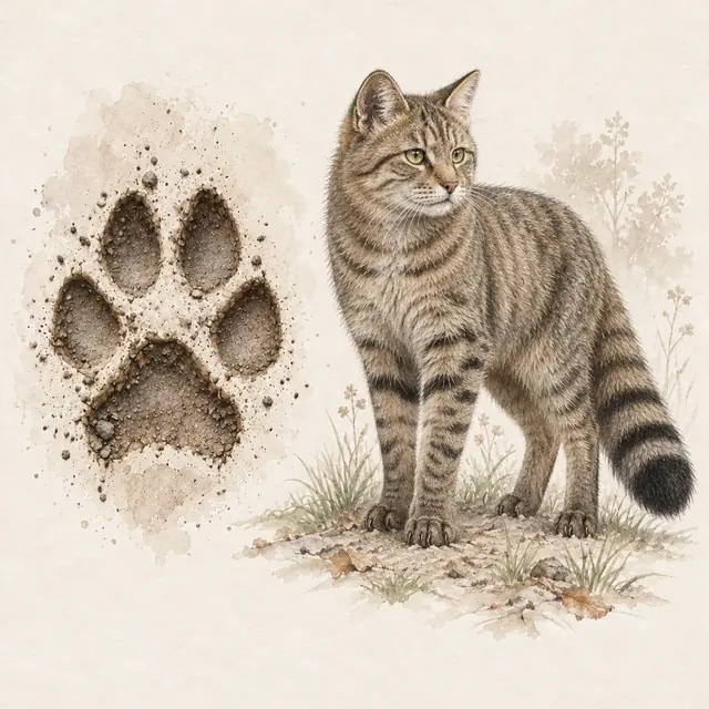 Illustration vom Wildkatze neben dem Abdruck seiner Spur