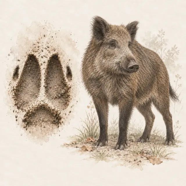 Illustration vom Wildschwein neben dem Abdruck seiner Spur