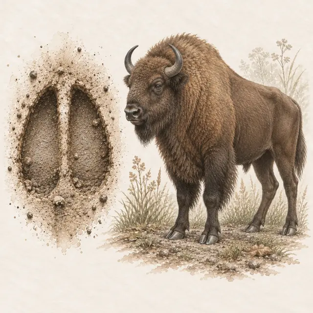 Illustration vom Wisent neben dem Abdruck seiner Spur