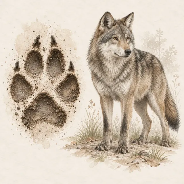 Illustration vom Wolf neben dem Abdruck seiner Spur